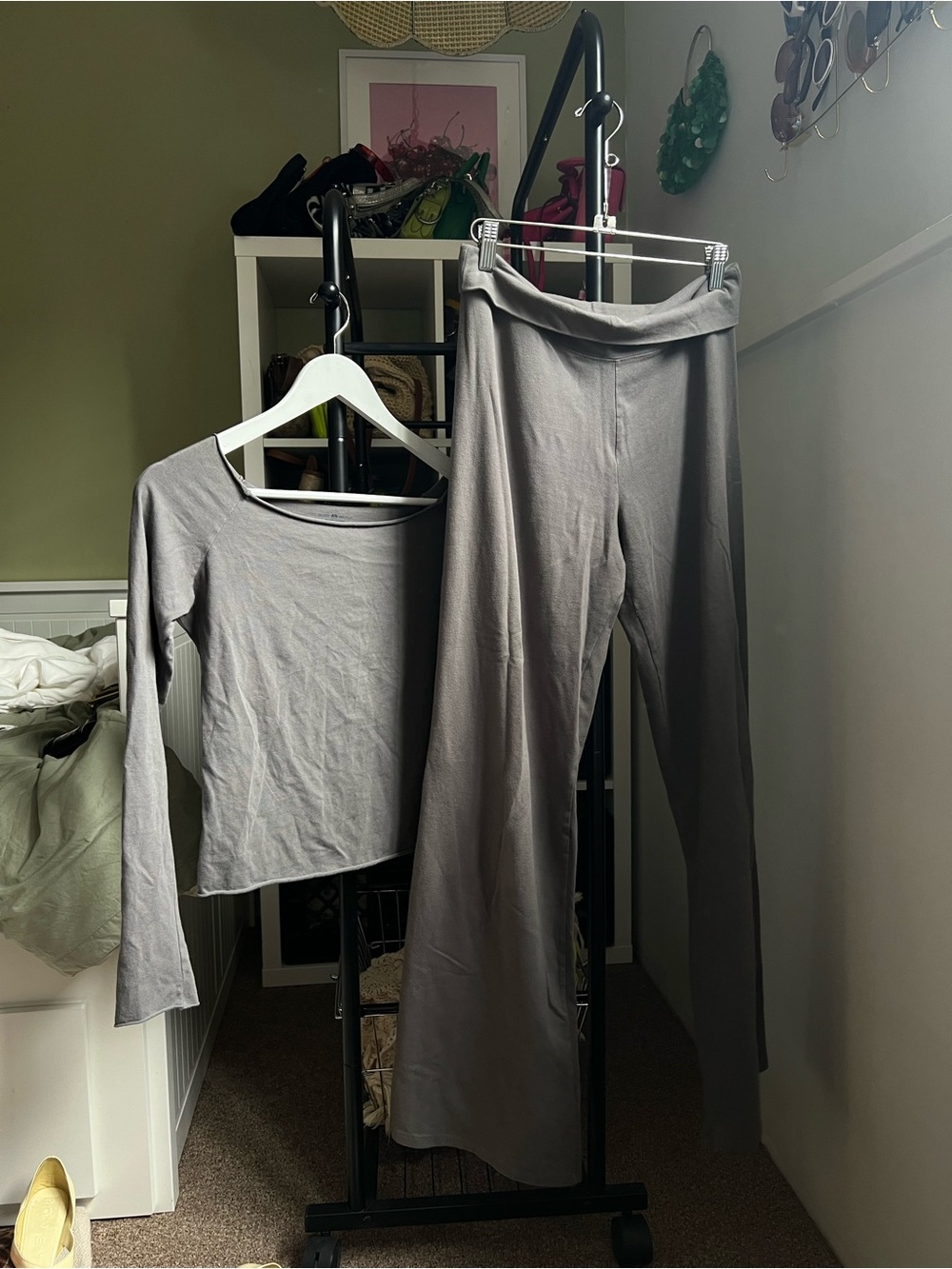 Brandy Melville Gray Wide-Leg Track Pants with Matching Long Sleeve Top